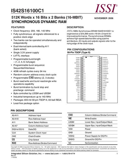 Integrated Silicon Solution IS42S16100C1 Synchronous DRAM Datasheet - cover page