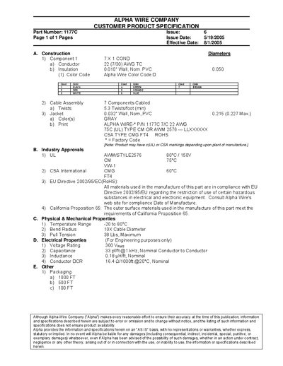 Alpha Wire 1177C Customer Product Specification - cover page
