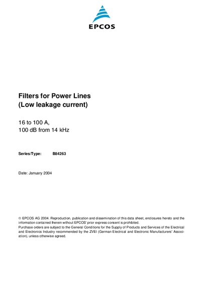 EPCOS Filters for Power Lines (Low leakage current) 16 to 100 A 100 dB from 14 kHz handbook - cover page