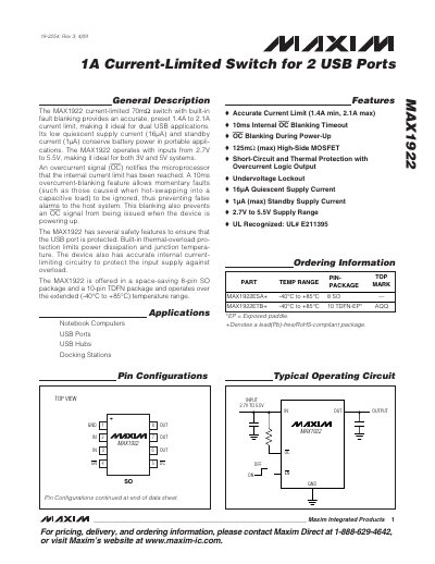 Maxim Integrated MAX1922 1A Current-Limited Switch Data Sheet - cover page