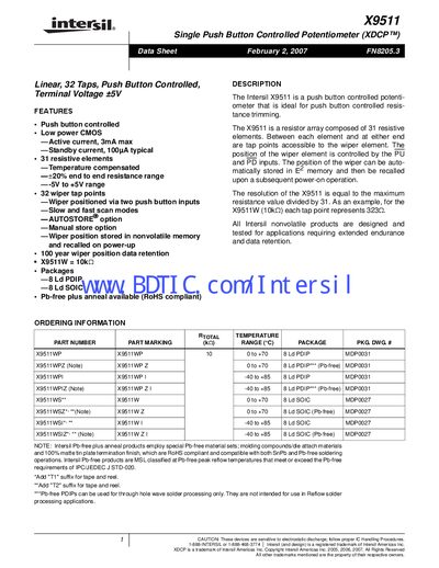 Intersil X9511 Push Button Controlled Potentiometer Datasheet - cover page
