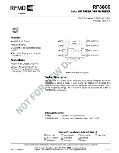 RFMD RF3806 Pre-Driver Amplifier Datasheet - cover page