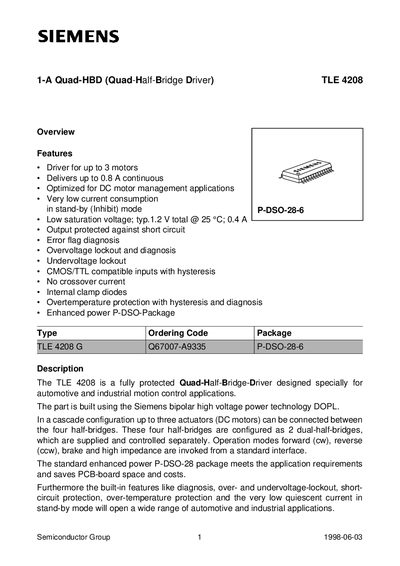 SIEMENS 1-A Quad-HBD (Quad-Half-Bridge Driver) TLE 4208 Manual(1)
