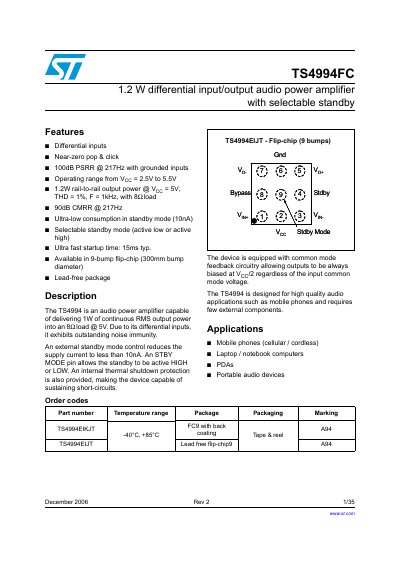 STMicroelectronics TS4994FC Audio Power Amplifier Datasheet