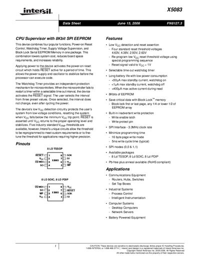 Intersil X5083 CPU Supervisor with EEPROM Datasheet - cover page