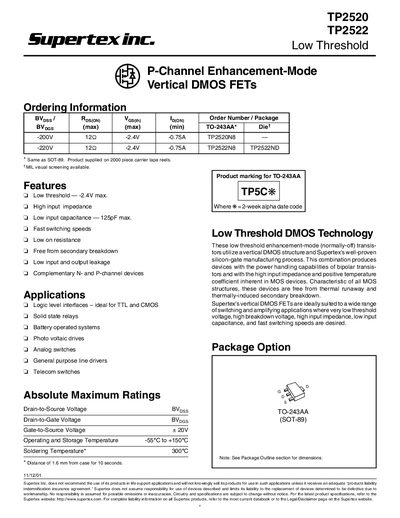 Supertex TP2520/TP2522 Datasheet - cover page