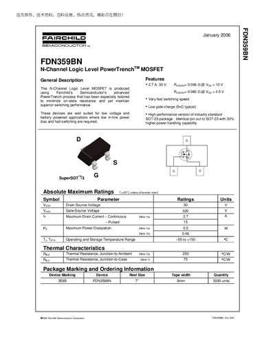 Fairchild FDN359BN N-Channel Logic Level PowerTrench MOSFET Datasheet - cover page