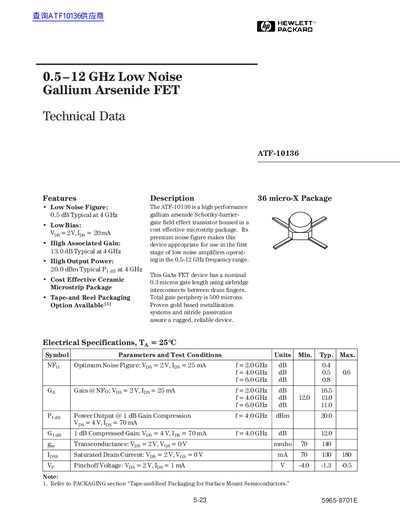 Hewlett-Packard ATF-10136 0.5-12 GHz Low Noise Gallium Arsenide FET Datasheet - cover page