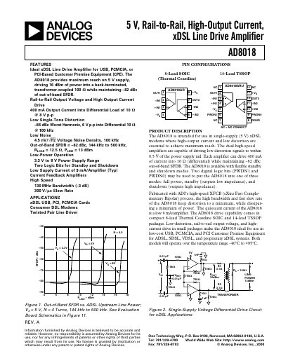 Analog Devices AD8018 5 V Rail-to-Rail High-Output Current xDSL Line Drive Amplifier Datasheet - cover page
