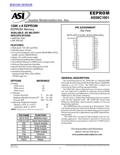 Austin Semiconductor AS58C1001 EEPROM Datasheet - cover page
