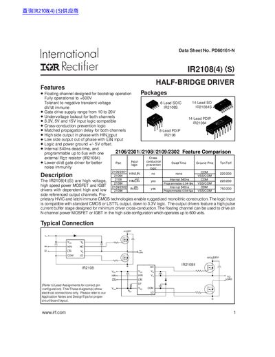 International Rectifier IR2108(4)(S) Half-Bridge Driver Datasheet - cover page