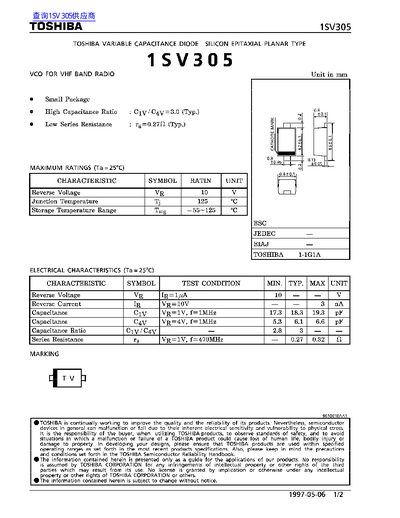 Toshiba 1SV305 Variable Capacitance Diode Datasheet - cover page