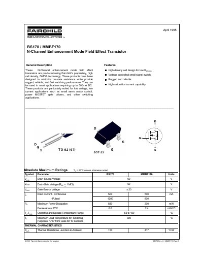 Fairchild BS170 / MMBF170 N-Channel Enhancement Mode Field Effect Transistor Datasheet - cover page
