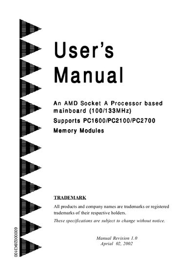 AMD Socket A Processor Based Mainboard 100/133MHz User Manual - cover page