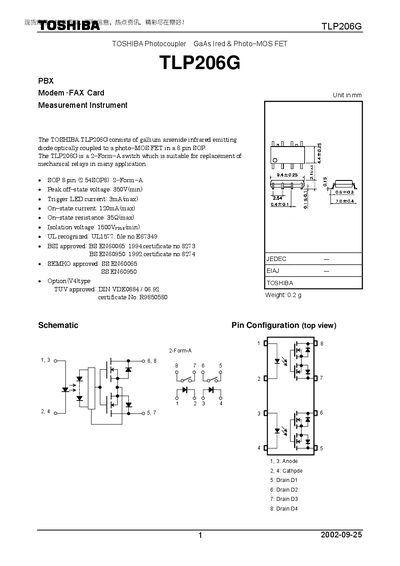 Toshiba TLP206G Photocoupler Datasheet - cover page
