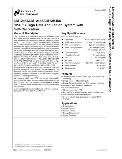 NATIONAL SEMICONDUCTOR LM12454/LM12458/LM12H458 12-Bit + Sign Data Acquisition System with Self-Calibration Manual - cover page
