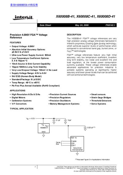 Intersil X60008B-41 / X60008C-41 / X60008D-41 Voltage Reference Datasheet - cover page