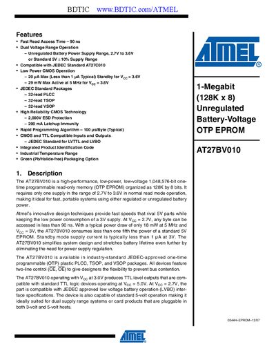Atmel AT27BV010 Datasheet - cover page
