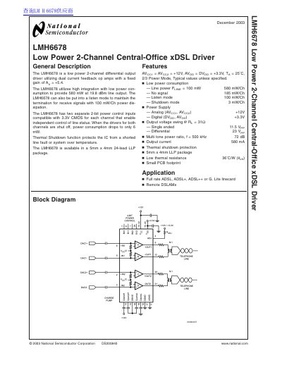 National Semiconductor LMH6678 Low Power 2-Channel Central-Office xDSL Driver handbook - cover page