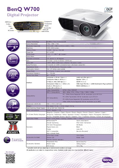 BenQ W700 Digital Projector Product Leaflet - cover page