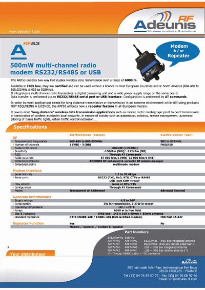 Adeunis ARF53 500mW Multi-Channel Radio Modem Product Leaflet - cover page