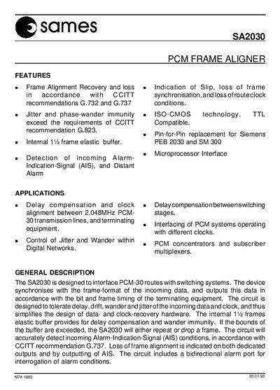 Sames SA2030 PCM Frame Aligner User Manual - cover page