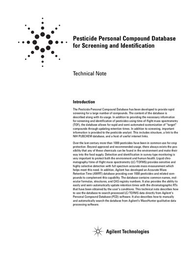 Agilent Pesticide Personal Compound Database Technical Note - cover page