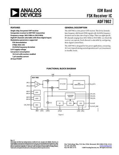 Analog Devices ADF7902 ISM Band FSK Receiver IC Datasheet