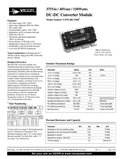 VICOR 375Vin 48Vout 150Watts DC-DC Converter Module Model Number V375C48C150B - cover page