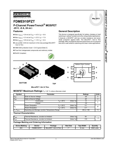 Fairchild FDME910PZT P-Channel MOSFET Datasheet - cover page