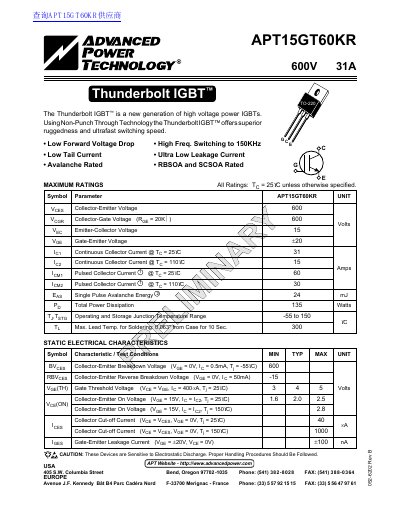 Advanced Power Technology APT15GT60KR Thunderbolt IGBT Datasheet - cover page