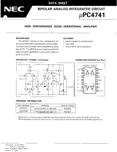 NEC uPC4741 Quad Operational Amplifier Datasheet - cover page