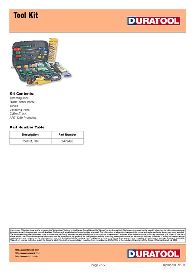 Duratool Uni 3472498 Tool Kit Datasheet - cover page