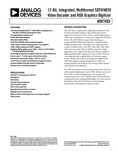 Analog Devices ADV7403 Video Decoder Datasheet - cover page