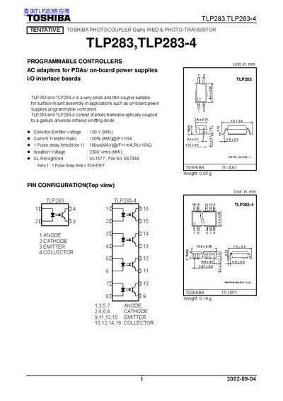 Toshiba TLP283/TLP283-4 Photocoupler Datasheet - cover page