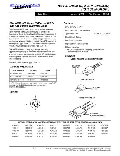 Intersil HGTG12N60B3D, HGTP12N60B3D, HGT1S12N60B3DS IGBT Datasheet - cover page
