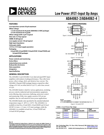 Analog Devices ADA4062-2/ADA4062-4 Low Power JFET-Input Op Amps Datasheet