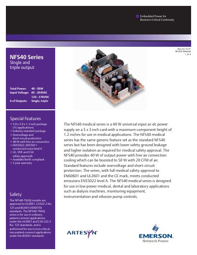 Artesyn NFS40 Medical Series Datasheet - cover page