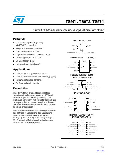 STMicroelectronics TS971/TS972/TS974 Operational Amplifier Datasheet