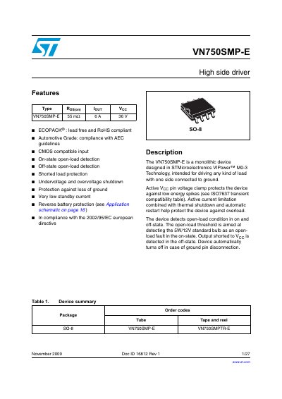 STMicroelectronics VN750SMP-E High Side Driver Datasheet