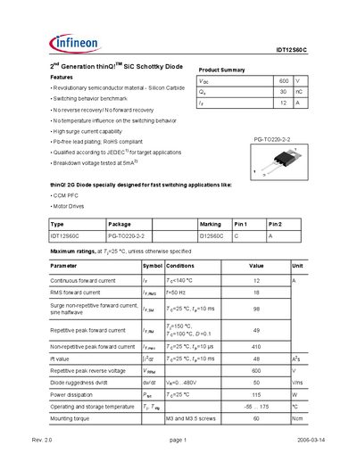 Infineon IDT12S60C SiC Schottky Diode Datasheet - cover page