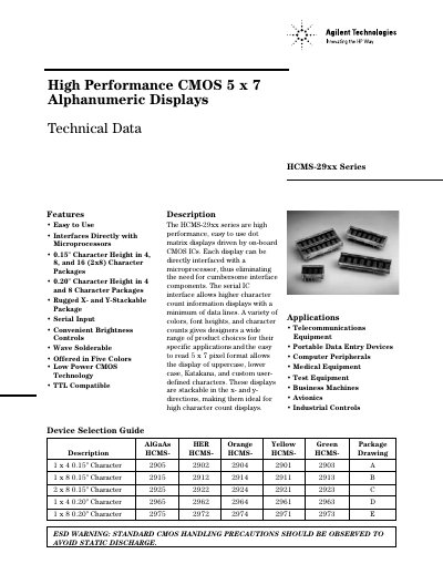 Avago Technologies HCMS-29xx Series Alphanumeric Display Datasheet - cover page