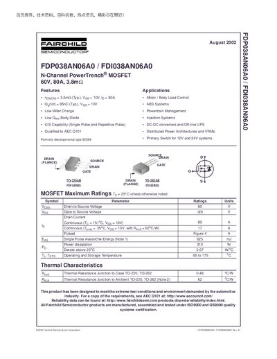 FAIRCHILD FDP038AN06A0 FDI038AN06A0 N-Channel PowerTrench MOSFEThandbook - cover page