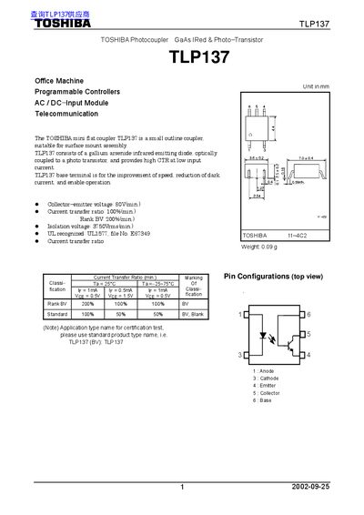 Toshiba TLP137 Photocoupler Datasheet - cover page