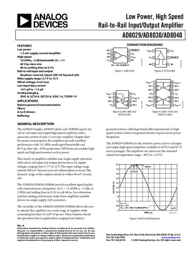 Analog Devices AD8029/AD8030/AD8040 Low Power High Speed Rail-to-Rail Input/Output Amplifier Datasheet - cover page