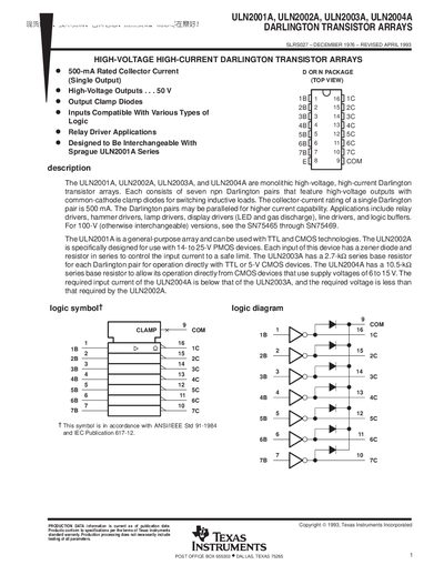 Texas Instruments ULN2001A/ULN2002A/ULN2003A/ULN2004A Datasheet - cover page