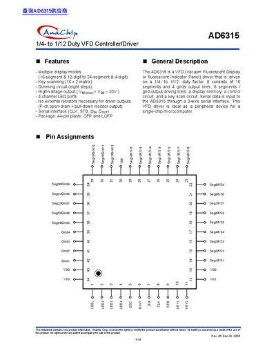 Anachip AD6315 1/4- to 1/12 Duty VFD Controller Datasheet - cover page