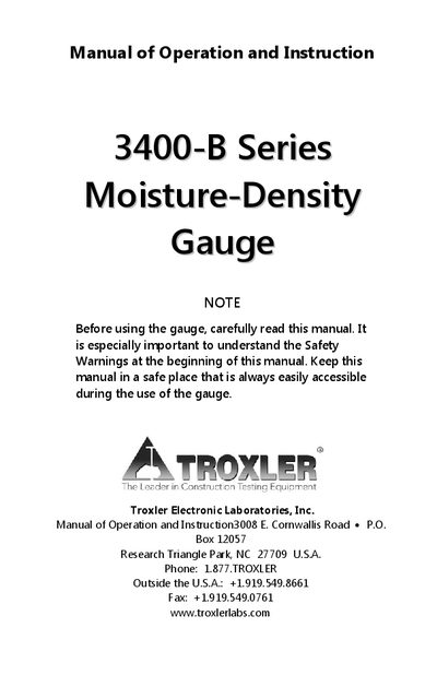 Troxler 3400-B Series Moisture-Density Gauge Manual of Operation and Instruction - cover page