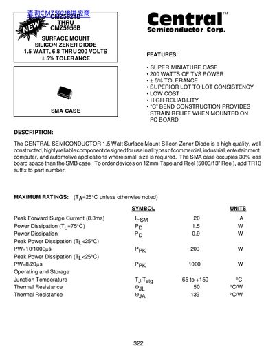 Central CMZ5921B THRU CMZ5956B SURFACE MOUNT SILICON ZENER DIODE 1.5 WATT 6.8 THRU 200 VOLTS &plusmn; 5% TOLERANCE handbook - cover page