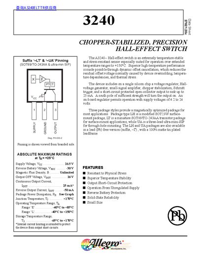 Allegro A3240 Chopper-Stabilized Hall-Effect Switch Datasheet